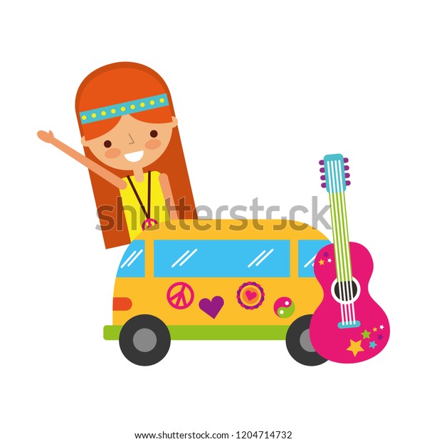 hippie woman cartoon van and\
guitar