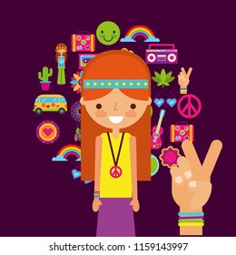 hippie woman character hand peace and love