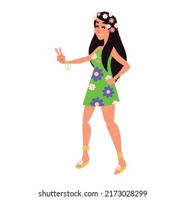 hippie woman with flowers icon isolated