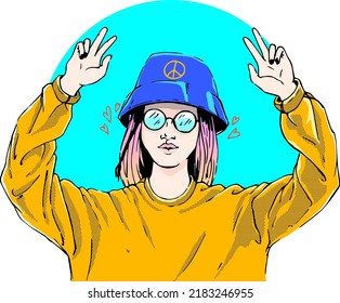 A hippie woman with glasses, a panama hat and a hoodie, shows a peace symbol with her fingers. Vector illustration
