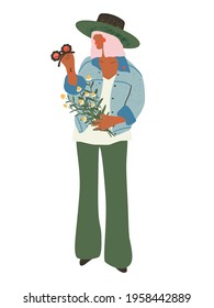 Hippie woman isolated. A girl in a hat with glasses and a bouquet of daisies in her hand. Design template for card, poster, flyer, banner and other use. Hand drawn vector illustration.