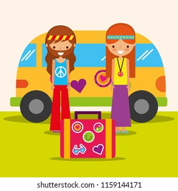 hippie woman and man with van and suitcase free spirit