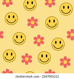 Hippie y2k groovy emojis and flowers seamless pattern. Yellow smile stickers and pink color flowers.