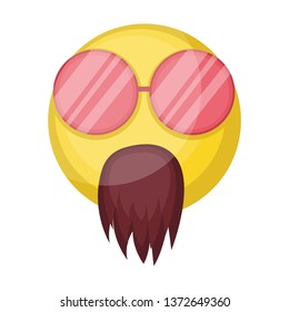 Hippie yellow emoji face with sunglasses and beard vector illustration on a white background