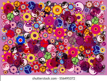 hippies colorful vector background with flowers, icons and watercolor blobs