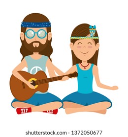 hippies couple playing guitar characters