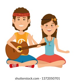 hippies couple playing guitar characters