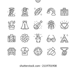 Hippies. Dreamcatcher. No war. Peace hand. Rainbow. Hippies earth. Pixel Perfect Vector Thin Line Icons. Simple Minimal Pictogram