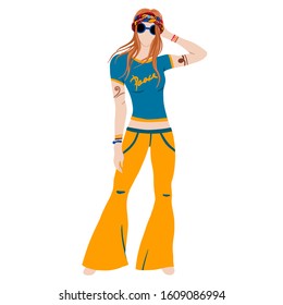 Hippies Girl Dressed In Classic Woodstock Sixties Hippy Subculture Clothes. Travelling. Subculture. Cartoon. Hand-Drawn Flat Vector illustration girl