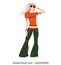 Hippies Girl Dressed In Classic Woodstock Sixties Hippy Subculture Clothes. Travelling. Subculture. Cartoon. Hand-Drawn Flat Vector illustration girl