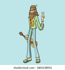Hippies man makes a sign peace with the guitar in his hand