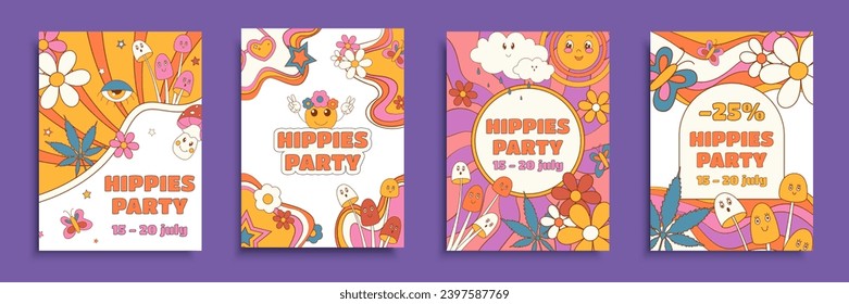 Hippies party cover brochure set in flat design. Poster templates with romantic retro groovy style of 60s 70s with daisy, mushrooms, sun, flowers and other colorful funny elements. Vector illustration