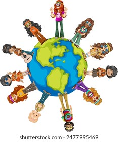 Hippies standing around a globe, promoting peace