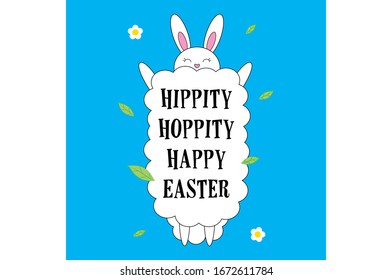 Hippity Hoppity Happy Easter Greeting Card with a White Fluffy Bunny, Daisies and Leaves on a Blue Background.