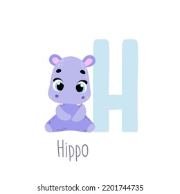 Hippo. Animal ABC. Alphabet. Cute vector alphabet with little animal. Print for kids room decoration, fabric, paper, card, t shirt, poster, textile.