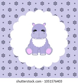 Hippo baby. Flat vector illustration on floral pattern. Can be used for design greeting card, invitation or banner. All the elements can be used as icons for mobile applications or logos