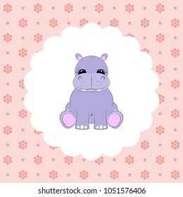 Hippo baby. Flat vector illustration on floral pattern. Can be used for design greeting card, invitation or banner. All the elements can be used as icons for mobile applications or logos