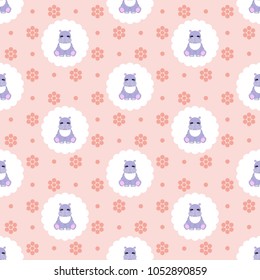 Hippo baby on floral pattern. Vector illustration. Seamless pattern. Can be used for design greeting card, invitation, banner or logos. Flat design style. Swatch inside