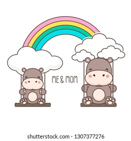 Hippo and baby swing on a rainbow. Mother's day card vector illustration. 