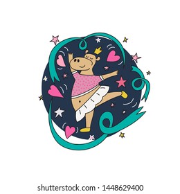 Hippo ballerina dancing with ribbons. Vector illustration for cards, children's design.