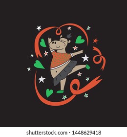 Hippo ballerina dancing with ribbons. Vector illustration for cards, children's design.