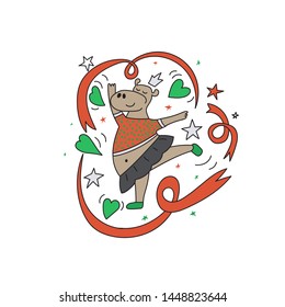 Hippo ballerina dancing with ribbons. Vector illustration for cards, children's design.