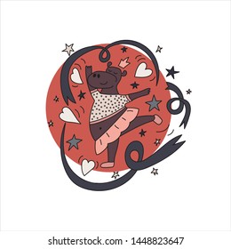 Hippo ballerina dancing with ribbons. Vector illustration for cards.