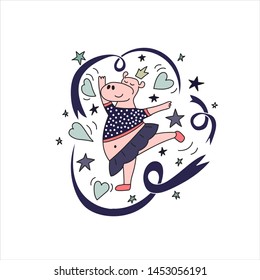 Hippo ballerina dancing with ribbons. Vector illustration for cards, children's design.