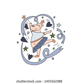 Hippo ballerina dancing with ribbons. Vector illustration for cards, children's design.