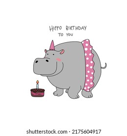 Hippo Birthday cute hippopotamus wear pink skirt with cake cartoon vector illustration