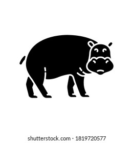 Hippo black glyph icon. Large exotic animal, african fauna, tropical semiaquatic mammal. Tropical zoo mascot, huge behemoth silhouette symbol on white space. Hippopotamus vector isolated illustration