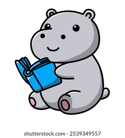 Hippo and books in simple art