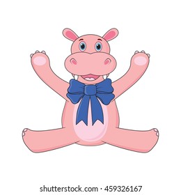 Hippo with bow standing on white background in vector.