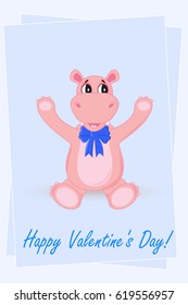 Hippo with bow standing on white background in vector.