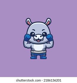 Logo de la mascota de dibujos animados creativos Kawaii de Hippo Boxer Cute