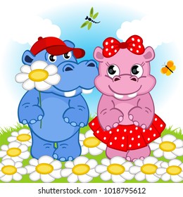 hippo boy gives flower girl - vector illustration, eps