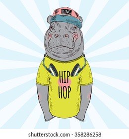 hippo boy with headphones dressed up in cap and t-shirt, furry art illustration