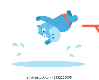 A hippo boy in red swimming trunks jumps into the pool. Flat vector illustration.