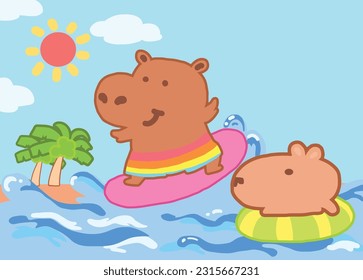 Hippo and capybara on the beach.