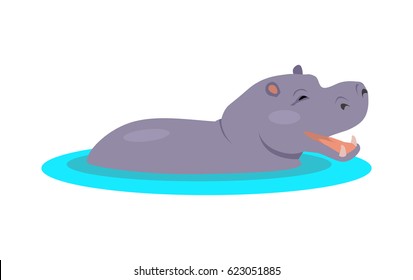 Hippo cartoon character. Funny hippopotamus in water flat vector isolated on white. African fauna. Hippo icon. Wild animal illustration for zoo ad, nature concept, children book illustrating