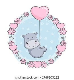 Hippo Cartoon Cute Hippopotamus Love Balloon Flowers