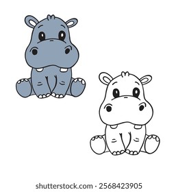 hippo. cartoon. drawing with line art. simple design. vector illustrations