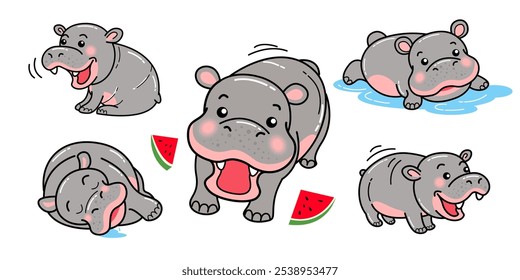 Hippo cartoon, hippopotamus, characters, vector illustration, line art