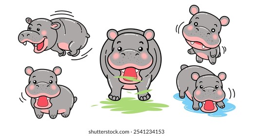 Hippo cartoon, hipopótamo, personagens, ilustração vetorial, lineart