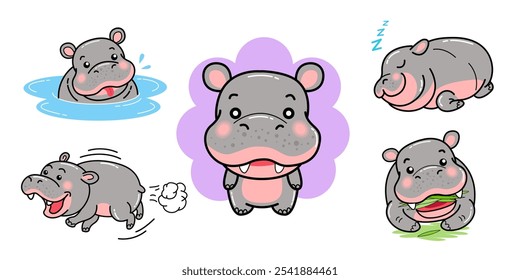 Hippo, dibujos animados, hipopótamo, personajes, Ilustración vectorial, línea de arte