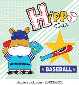 hippo cartoon playing baseball vector illustration - background editable vector