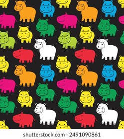 Hippo cartoon style. seamless pattern for decorating all fashion designs, fabrics, wallpapers and prints. on a dark background.