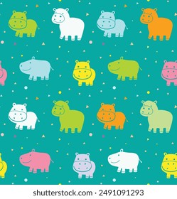 Hippo cartoon style. seamless pattern for decorating all fashion designs, fabrics, wallpapers and prints. on a Blue background.