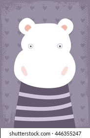 Hippo cartoon vector illustration on purple background with hearts
