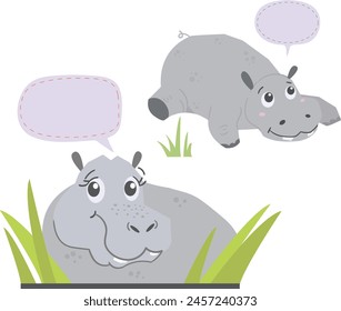 hippo cartoons with speech bubble, cute happy hippo cartoon vector set.